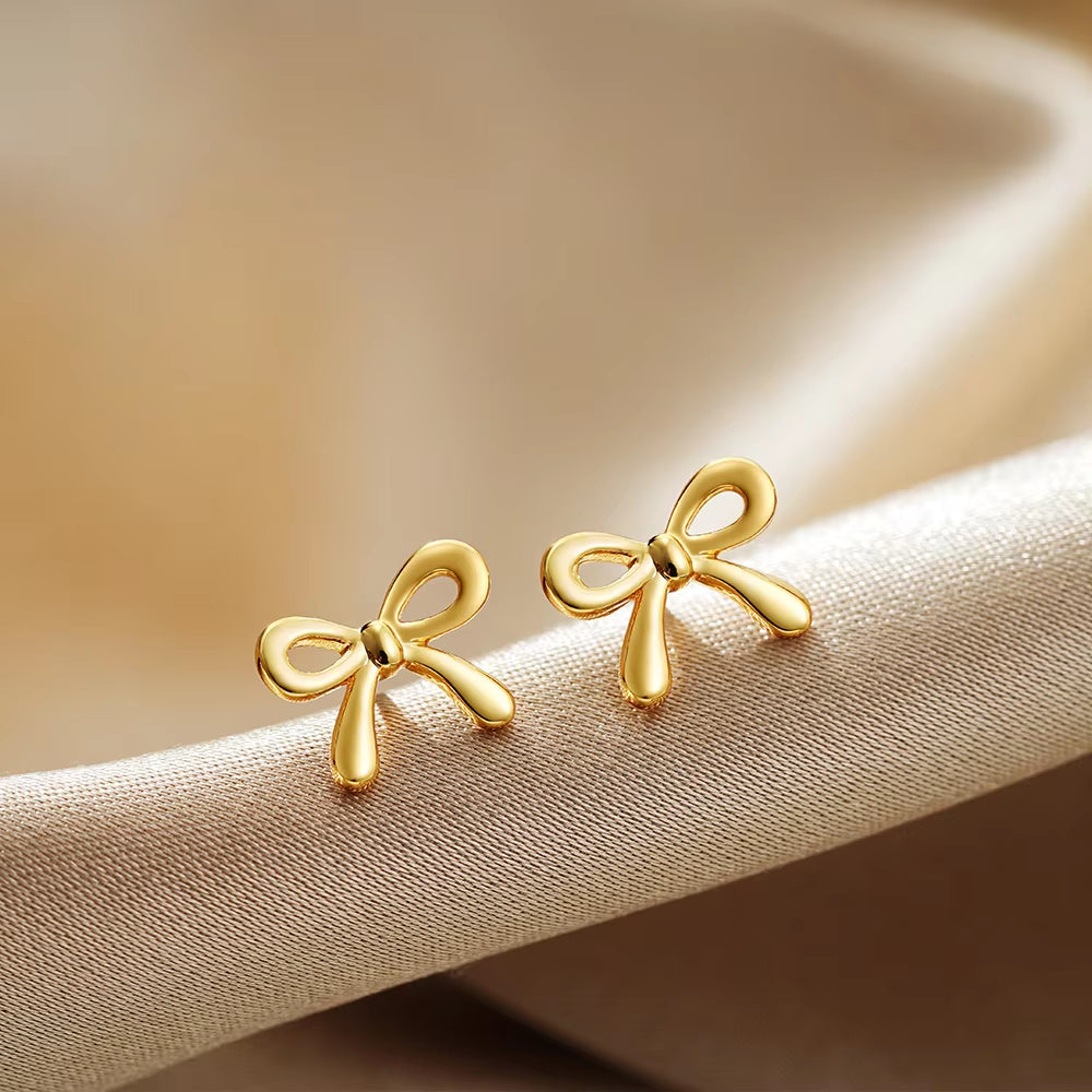 Minimalist Cute Large-Medium-Small Bow Earrings for Women Girls New Trendy Gold Plated Bowkont Ear Studs Piercing Jewelry Gift