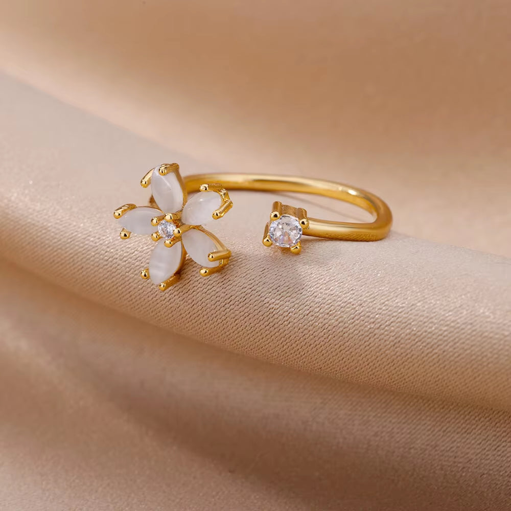 Exquisite Cubic Zircon Flower Rings for Women Men Gold Color Open Adjustable Stainless Steel Ring Wedding Couple Jewelry Anillos