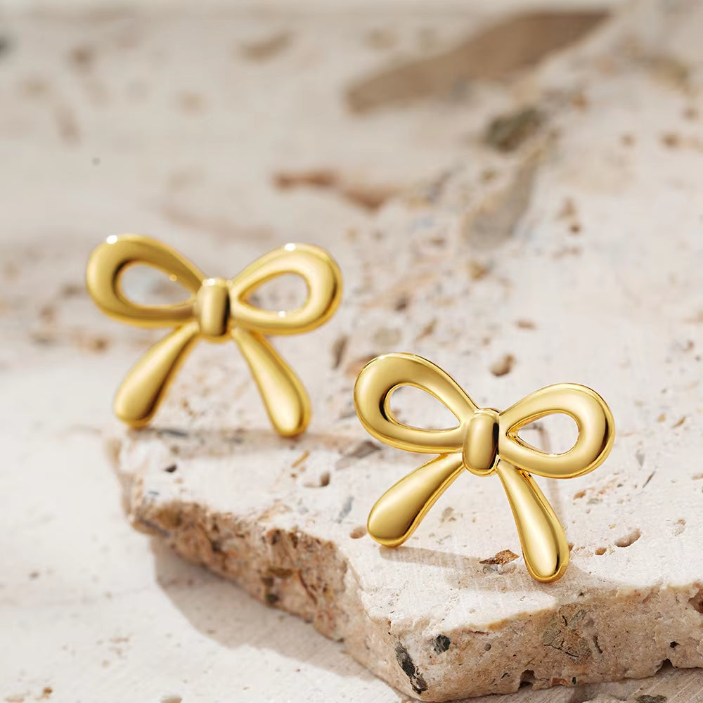 Minimalist Cute Large-Medium-Small Bow Earrings for Women Girls New Trendy Gold Plated Bowkont Ear Studs Piercing Jewelry Gift