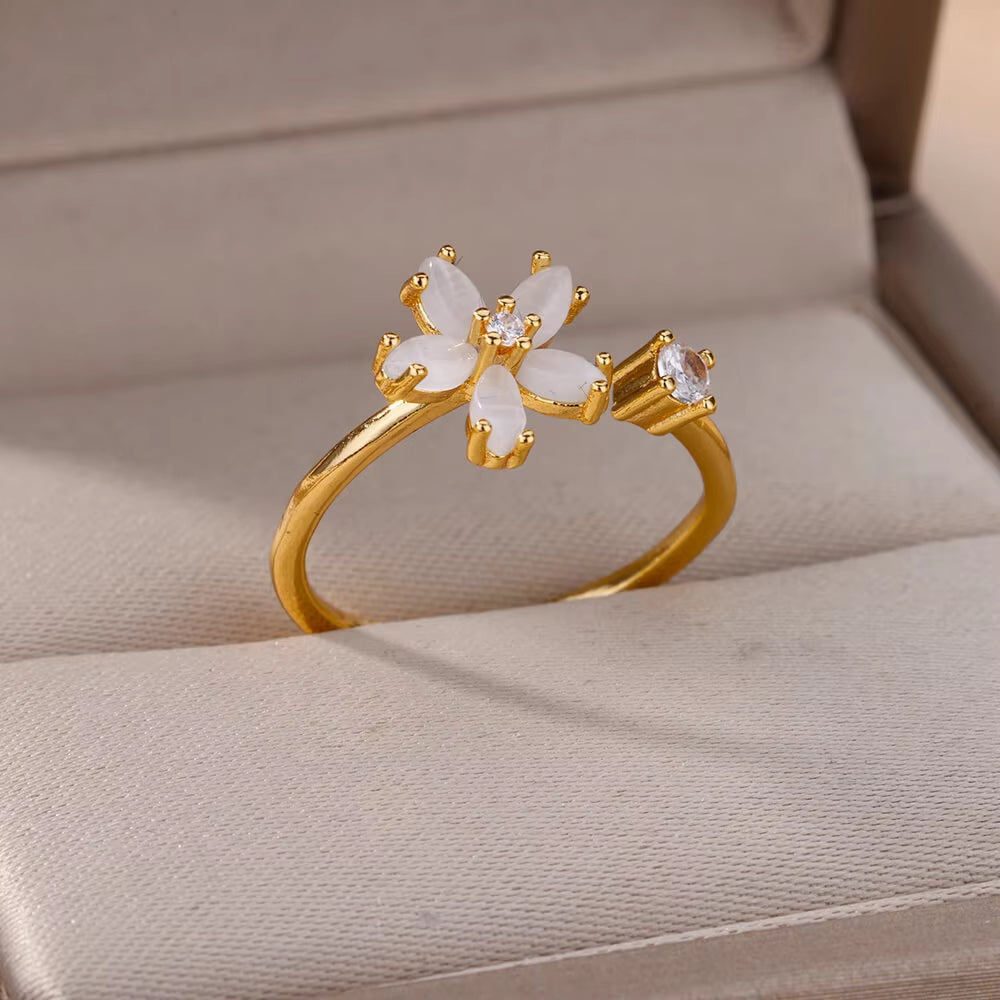 Exquisite Cubic Zircon Flower Rings for Women Men Gold Color Open Adjustable Stainless Steel Ring Wedding Couple Jewelry Anillos